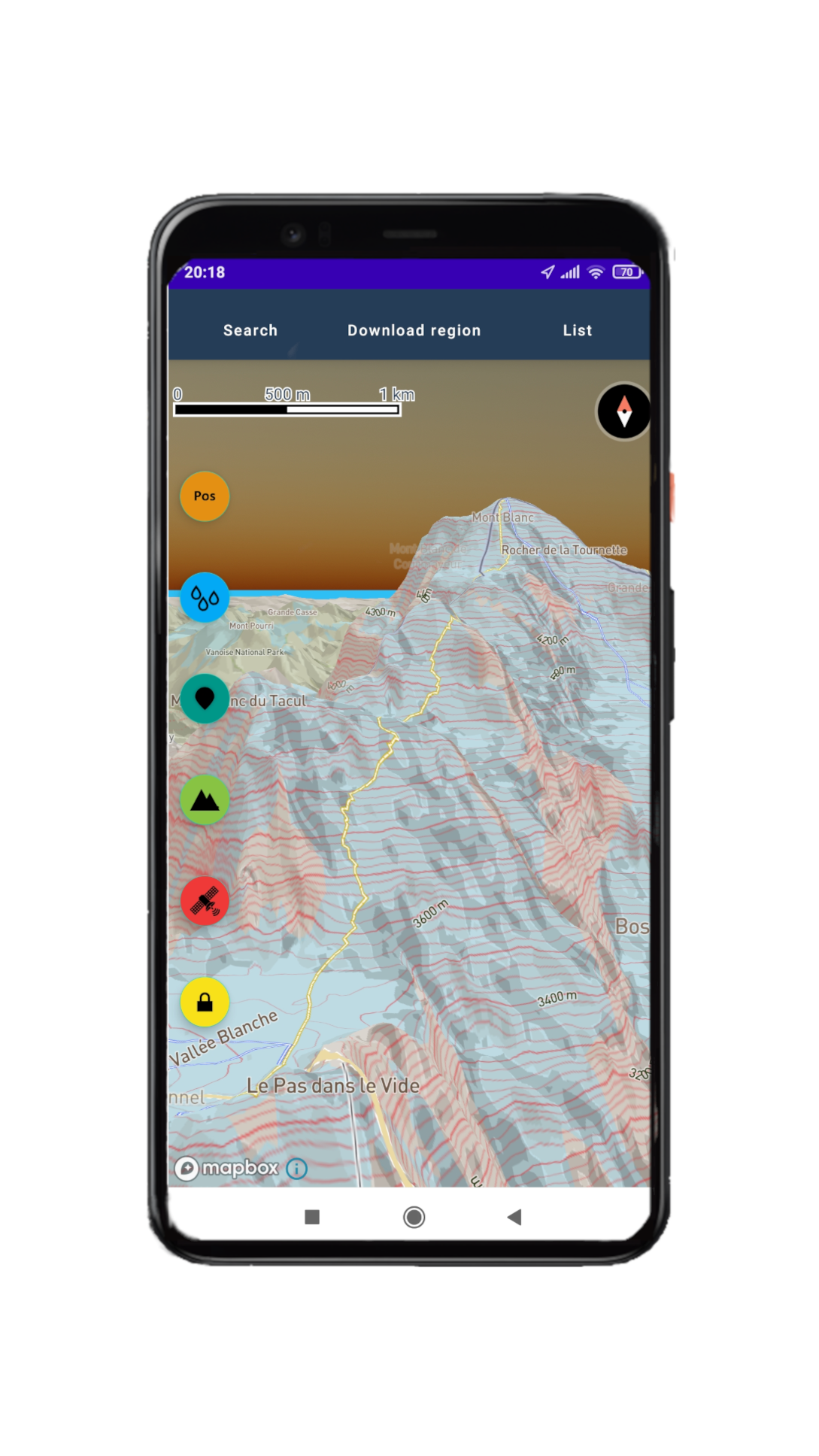 OutdoorCaptain mobile app showing 3D topographic terrain view